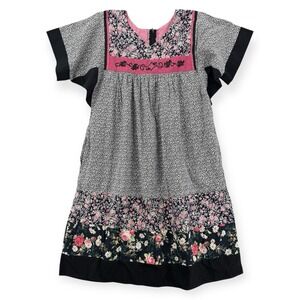 Vintage Lisa Maru Muumuu Dress Womens Large Hawaiian Black Multi Knee Aloha